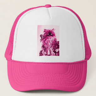 KITTEN WITH ROSES ,Pink Fuchsia White Trucker Hat