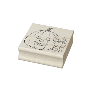 Kitten with Smiling Pumpkin Halloween Rubber Stamp