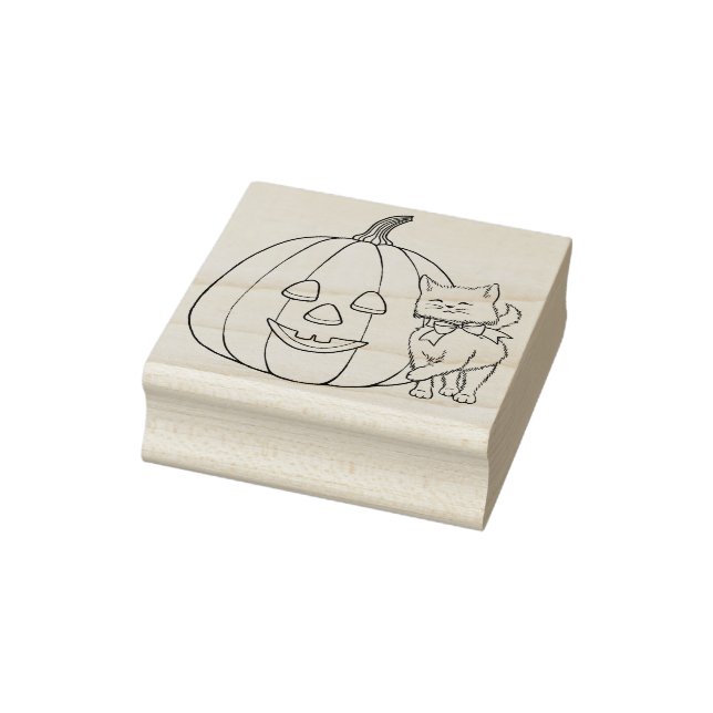 Kitten with Smiling Pumpkin Halloween Rubber Stamp (Stamp)