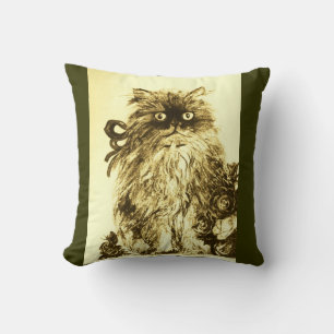 KITTEN WITH WHITE BROWN GREEN ROSES THROW PILLOW