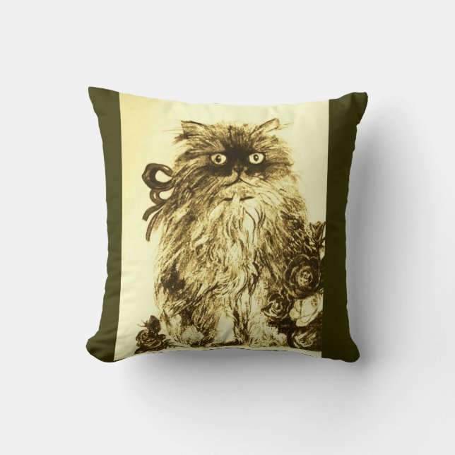 KITTEN WITH WHITE BROWN GREEN  ROSES THROW PILLOW (Front)