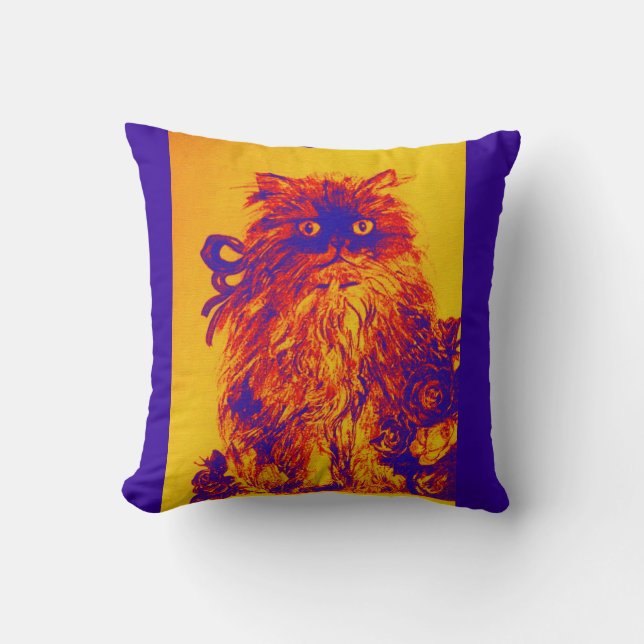 KITTEN WITH YELLOW BLUE ROSES THROW PILLOW (Front)