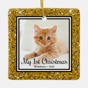 Kitten's 1st Christmas 2 Photo Gold Glitter Ceramic Ornament