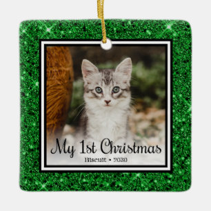 Kitten's 1st Christmas Green Glitter Ceramic Ornament
