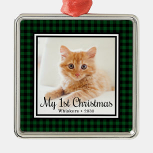  Kitten's 1st Christmas Photo Green Buffalo Check Metal Ornament