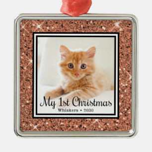 Kitten's 1st Christmas Photo Rose Gold Glitter Metal Ornament