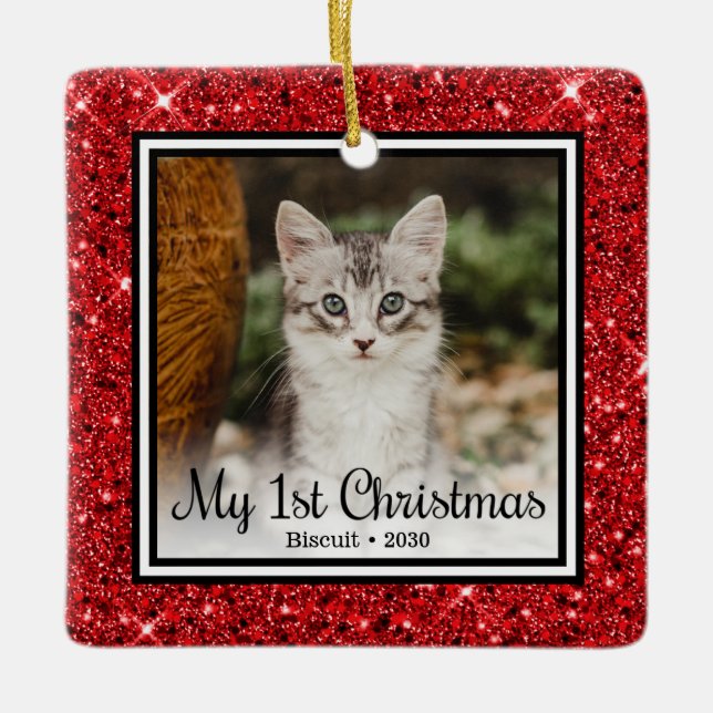 Kitten's 1st Christmas Red Glitter Ceramic Ornament (Front)