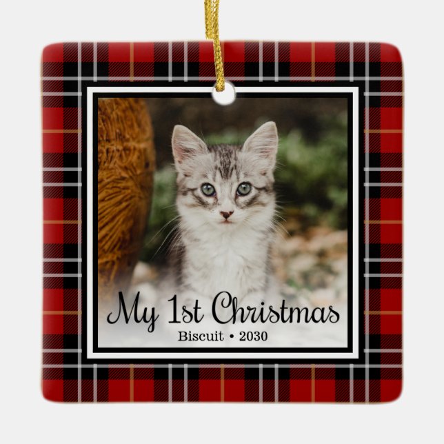 Kitten's 1st Christmas Red Plaid Ceramic Ornament (Front)