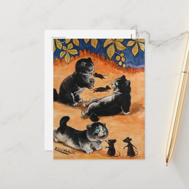 Kittens and Mice's Playtime by Louis Wain Holiday Postcard (Front/Back In Situ)