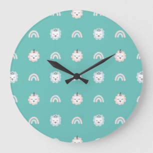 Kittens and Rainbows Pattern Teal Design for Baby Large Clock