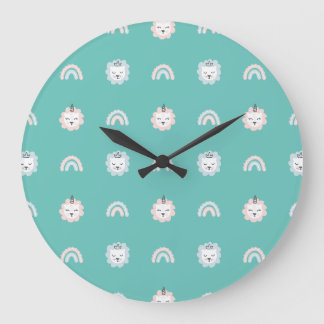 Kittens and Rainbows Pattern Teal Design for Baby Large Clock