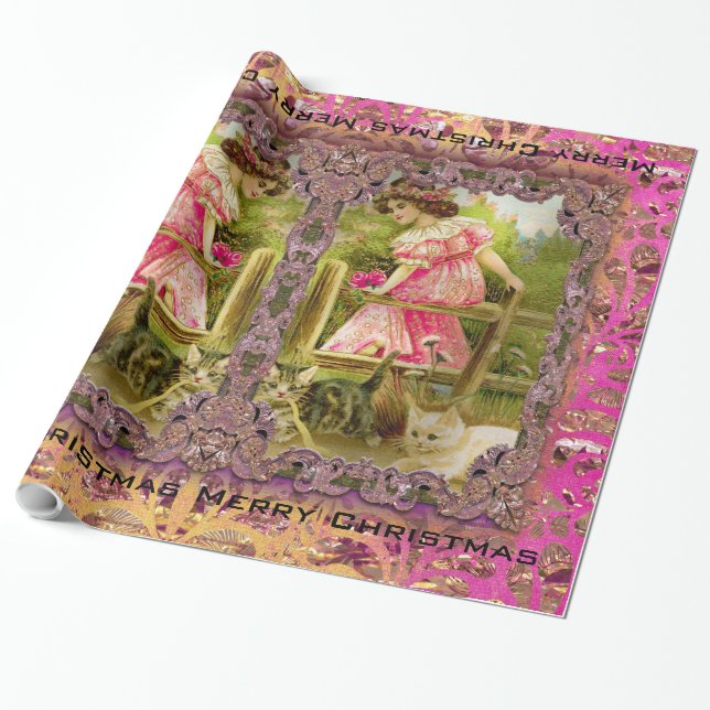 Kittens and Ribbons Victorian Wrapping Paper (Unrolled)