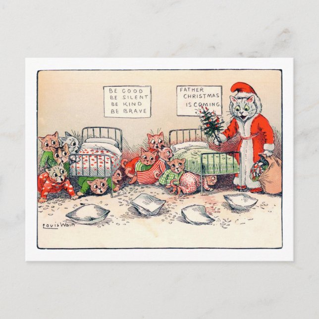 Kittens and Santa Cat, Louis Wain Postcard (Front)