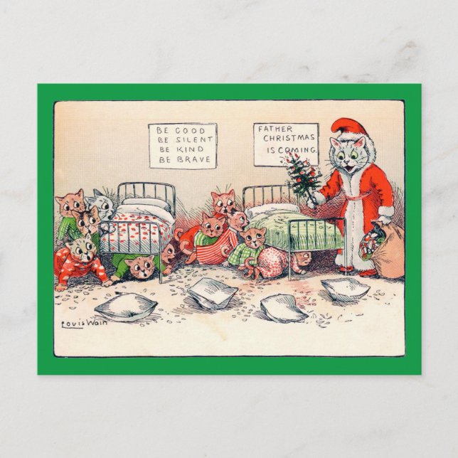 Kittens and Santa Cat, Louis Wain Postcard (Front)