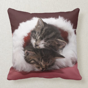 Kittens asleep together in Christmas hat Throw Pillow