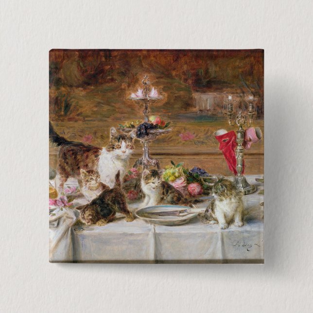 Kittens at a banquet, 19th century 2 inch square button (Front)