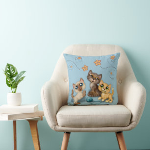 Kittens at Play Blue Throw Pillow