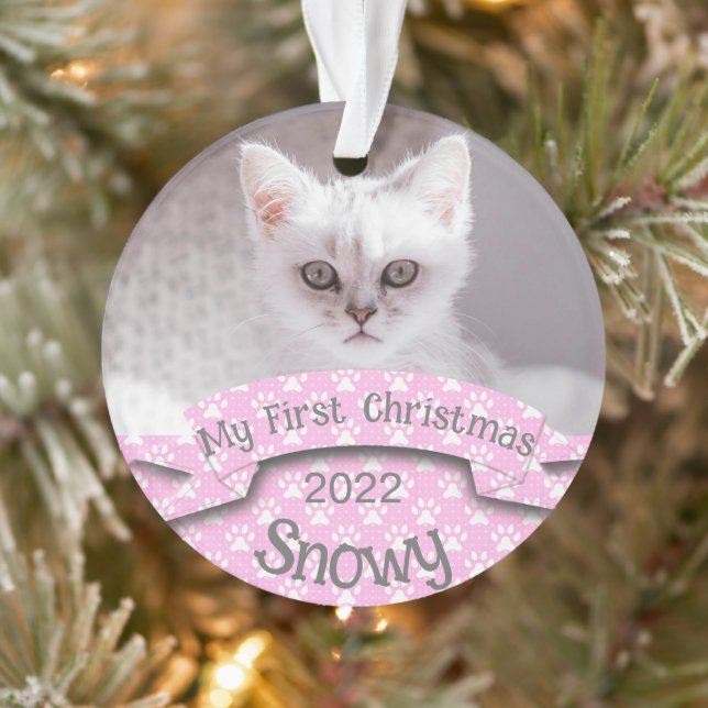 Kitten's First Christmas Pink Paw Print Photo Ornament (Tree)