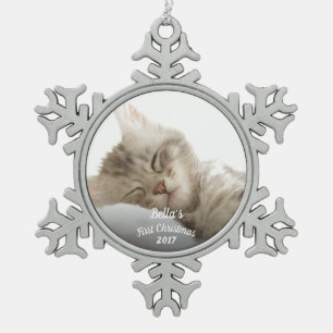 Kitten's first Christmas with name + year Snowflake Pewter Christmas Ornament