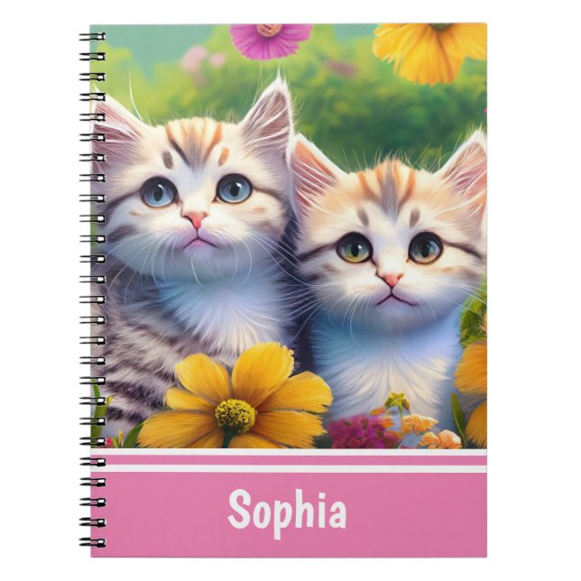 Kittens in a Flower Meadow Cute Personalized Name  Notebook (Front)