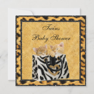 Kittens Leopard Print Neutral Twins Baby Shower Invitation