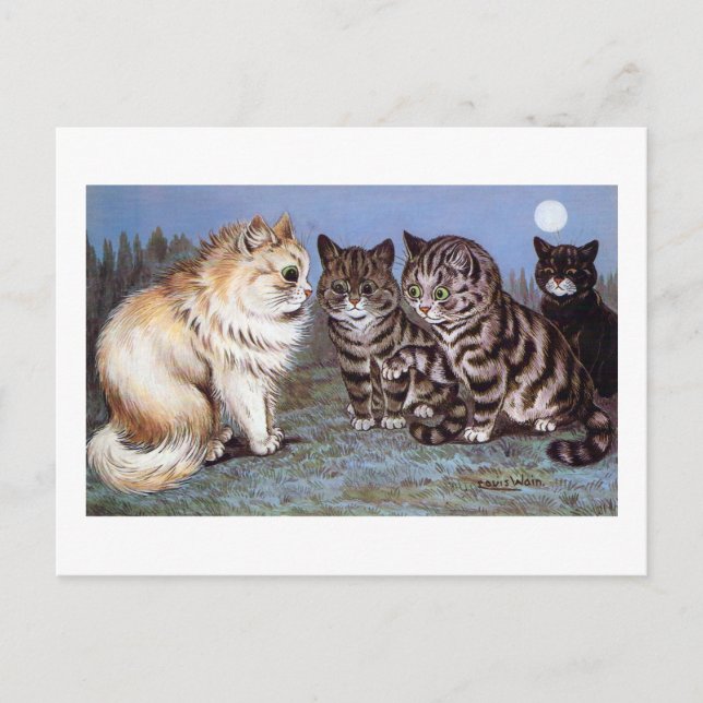 Kittens meeting in the Moonlight, Louis Wain Postcard (Front)