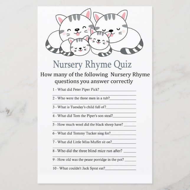 Kittens Nursery Rhyme Quiz baby shower game (Front)