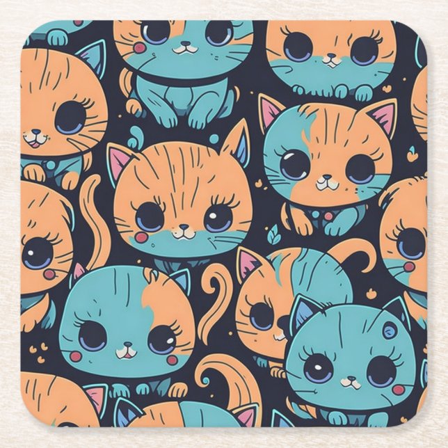 Kittens pattern square paper coaster (Front)