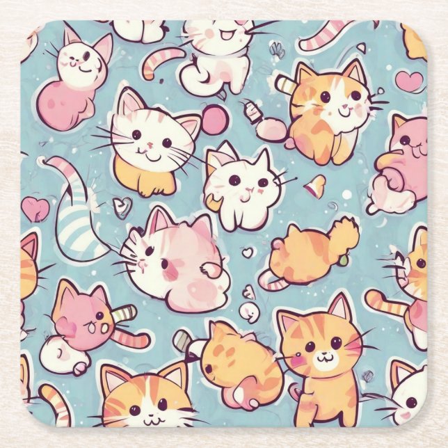 Kittens pattern square paper coaster (Front)