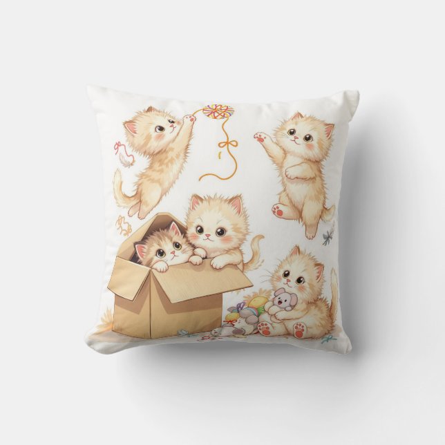 Kittens Playing in a Box Throw Pillow (Front)