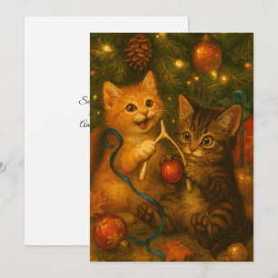 Kittens & Turkey Wishbone Under Christmas Tree Holiday Card