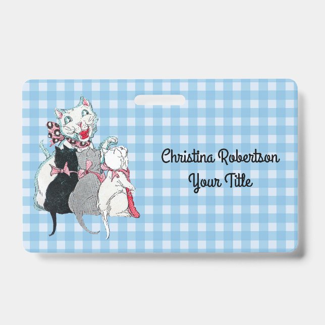 Kittens With Smiling Mother Cat Blue White Plaid Badge (Front)