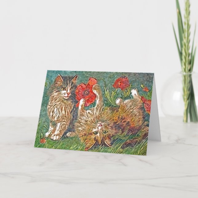Kitties and Poppies, Happy Birthday Card (Front)