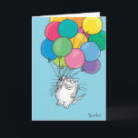 KITTY ALOFT Birthday Card<br><div class="desc">A cheerful cat with a large bunch of balloons brings birthday greetings.</div>