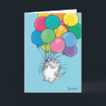 KITTY ALOFT Birthday Card<br><div class="desc">A cheerful cat with a large bunch of balloons brings birthday greetings.</div>