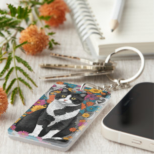 Kitty among the flowers keychain