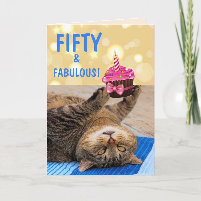 Kitty And Cupcake Fiftieth Birthday Card (Front)