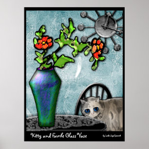 Kitty and Favrile Glass Vase Poster