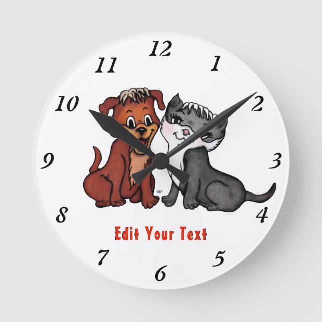 Kitty and Puppy , Edit Your Text Round Clock (Front)