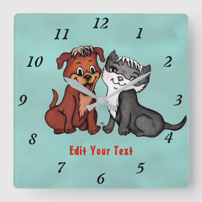 Kitty and Puppy , Edit Your Text Square Wall Clock (Front)