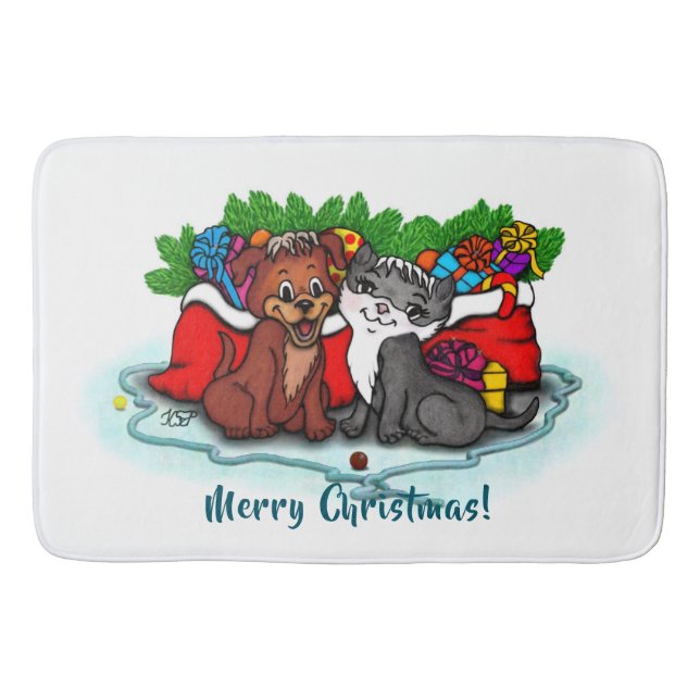 Kitty and Puppy , Happy XMas Bath Mat (Front)