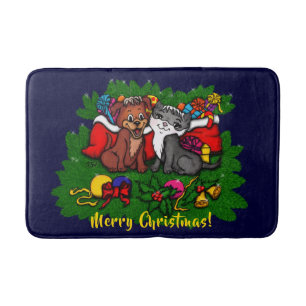 Kitty and Puppy , Happy XMas Bath Mat