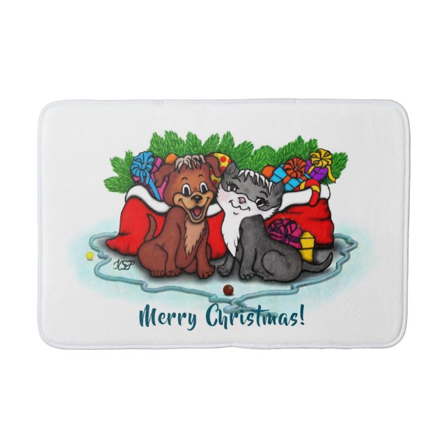 Kitty and Puppy , Happy XMas Bath Mat (Front)