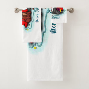 Kitty and Puppy , Happy XMas Bath Towel Set