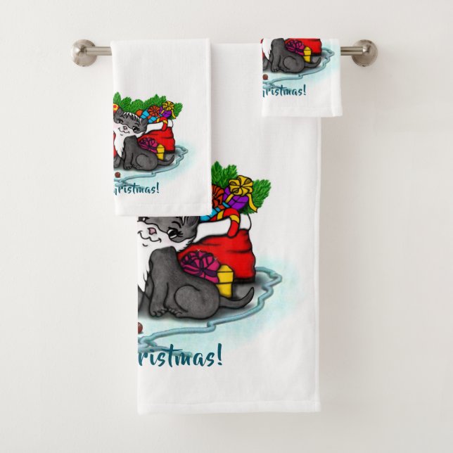 Kitty and Puppy , Happy XMas Bath Towel Set (Insitu)