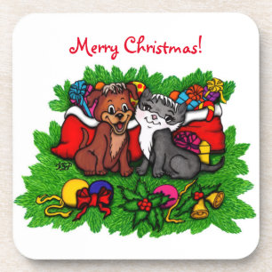 Kitty and Puppy , Happy XMas Coaster