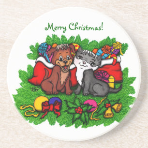 Kitty and Puppy , Happy XMas Coaster