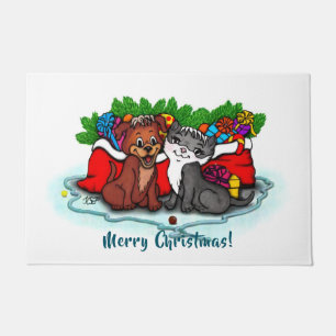 Kitty and Puppy , Happy XMas Doormat