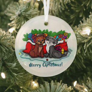Kitty and Puppy , Happy XMas Glass Ornament