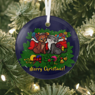 Kitty and Puppy , Happy XMas Glass Ornament
